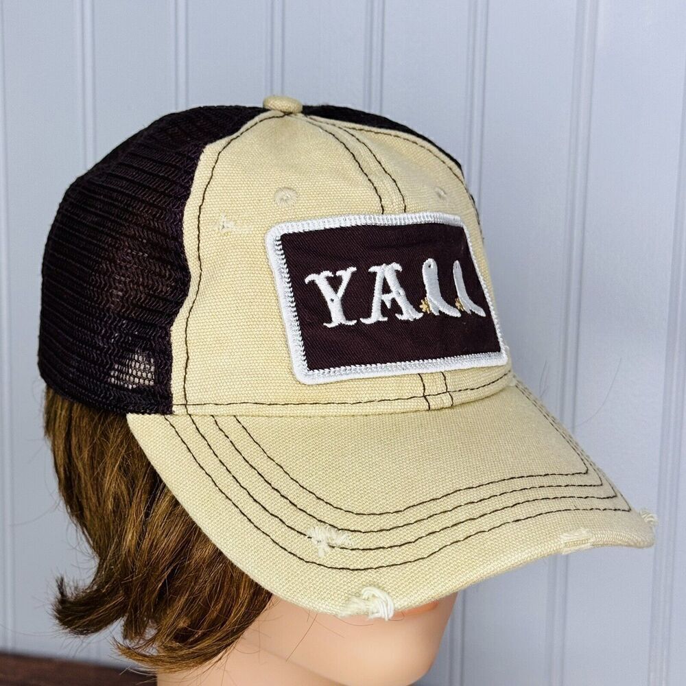 Vintage YALL Distressed Trucker Snap Back Hat Mesh Cap OS Brown Beige